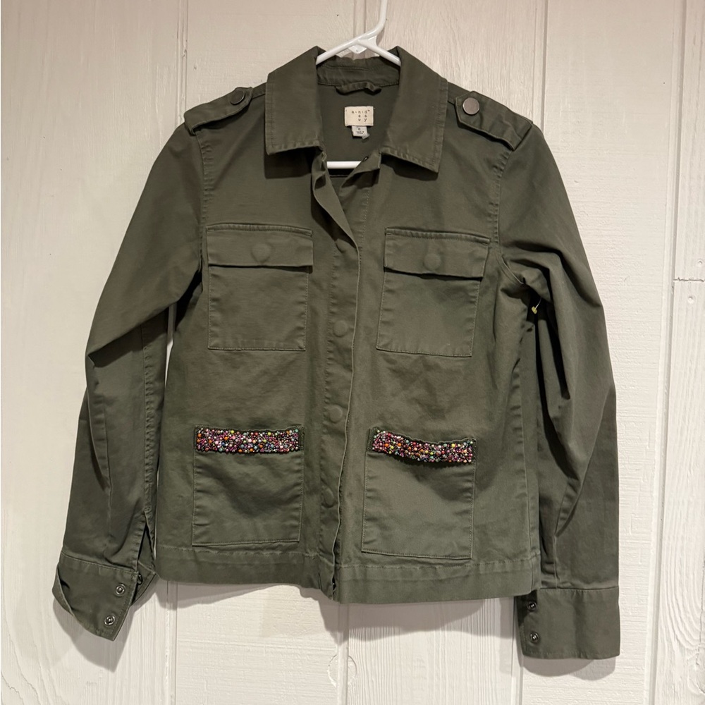 A New Day Olive Bomber Jacket with Colorful Accents